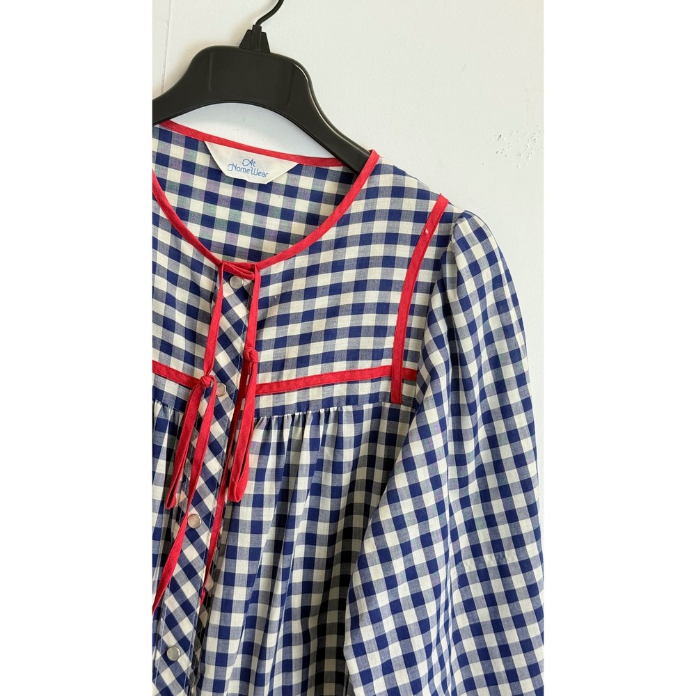 Vintage At Home Wear M/L Gingham House Dress Blue White Red Button Front Robe - Picture 4 of 9